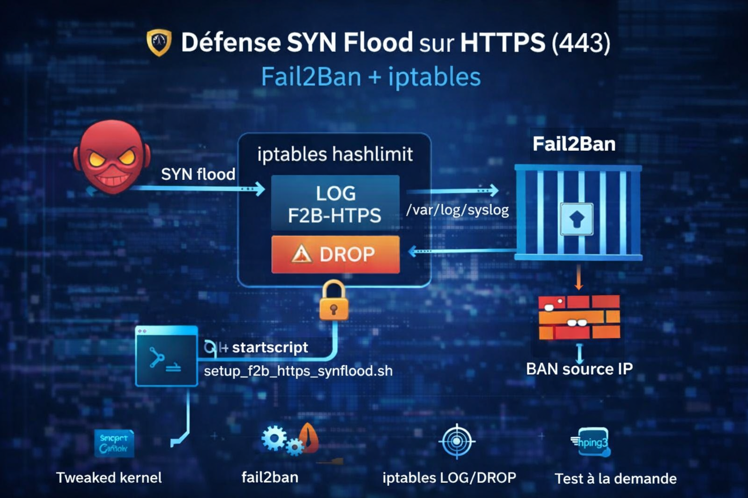 Infographie - Défense SYN Flood HTTPS 443 (Fail2Ban + iptables)
